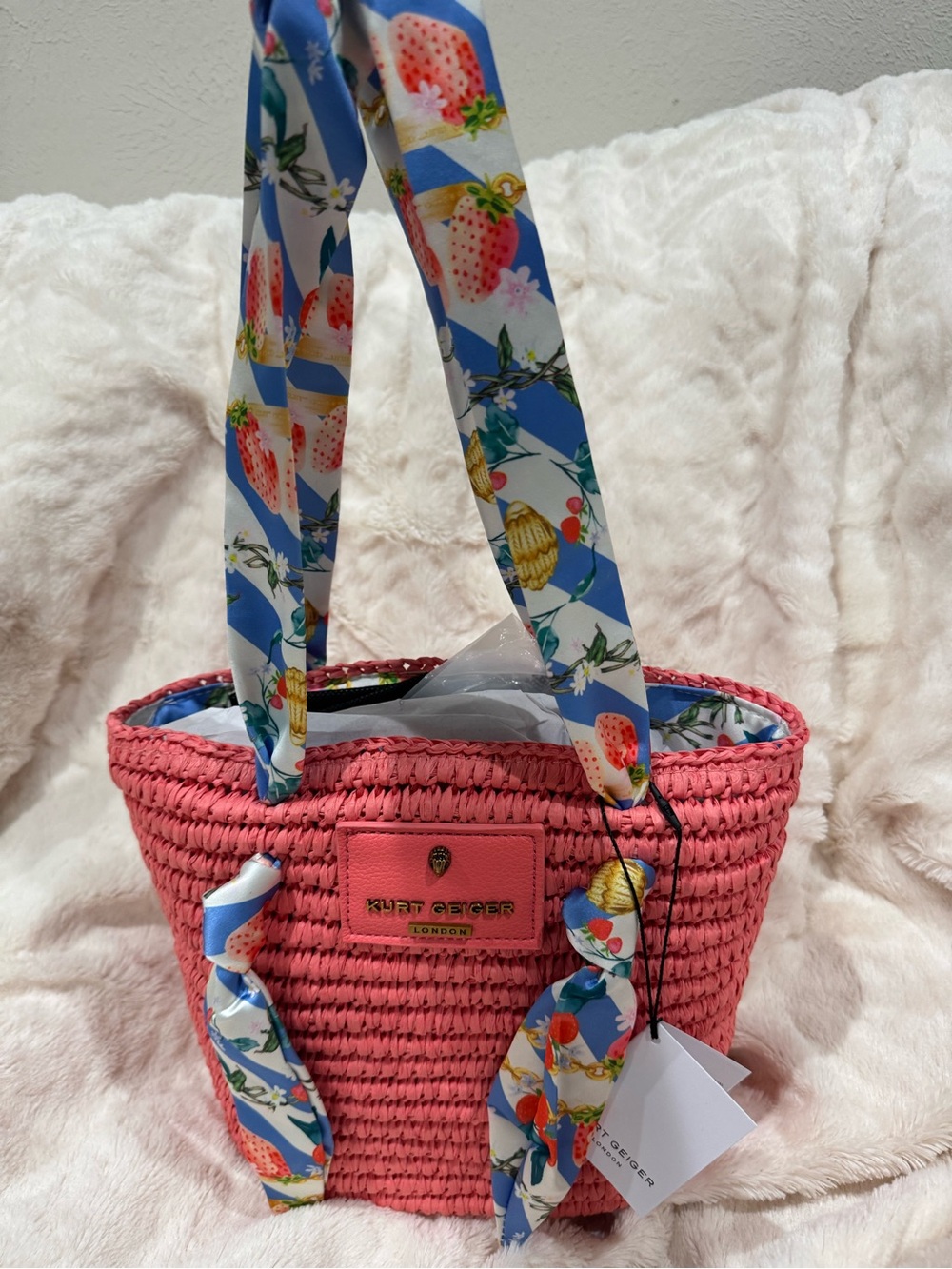 Kurt Geiger Small Raffia Woven Tote Pink/ Coral with Floral Scarf Handles - Picture 2 of 6